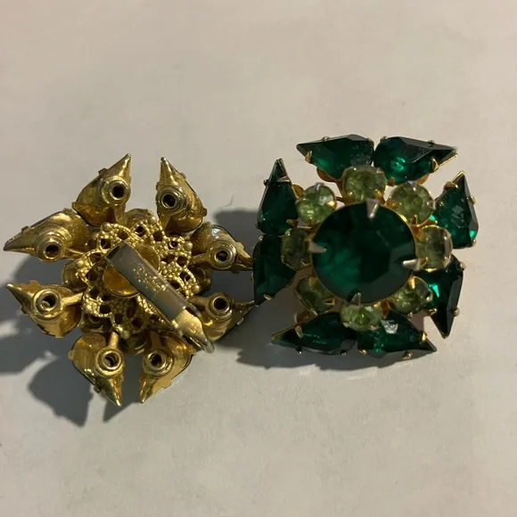 Green and Gold Maltese Cross Clip On Earrings - Picture 2 of 6
